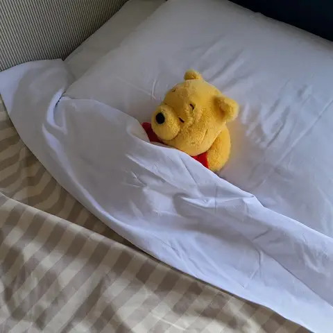 布団の中で眠るプーさん